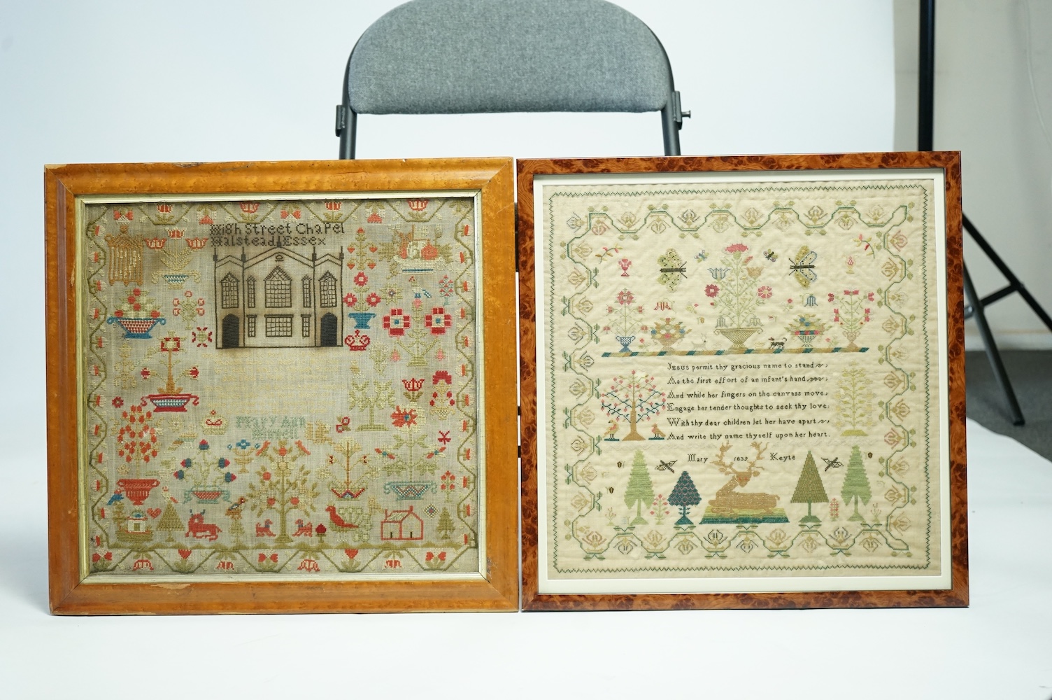 Two Victorian samplers. One ornately worked by Mary Keyte dated 1839 with butterflies, deer, dogs, birds, trees and flowers, the other by Mary A Winnell, (undated), worked with a large motif of High Street Chapel Halstea